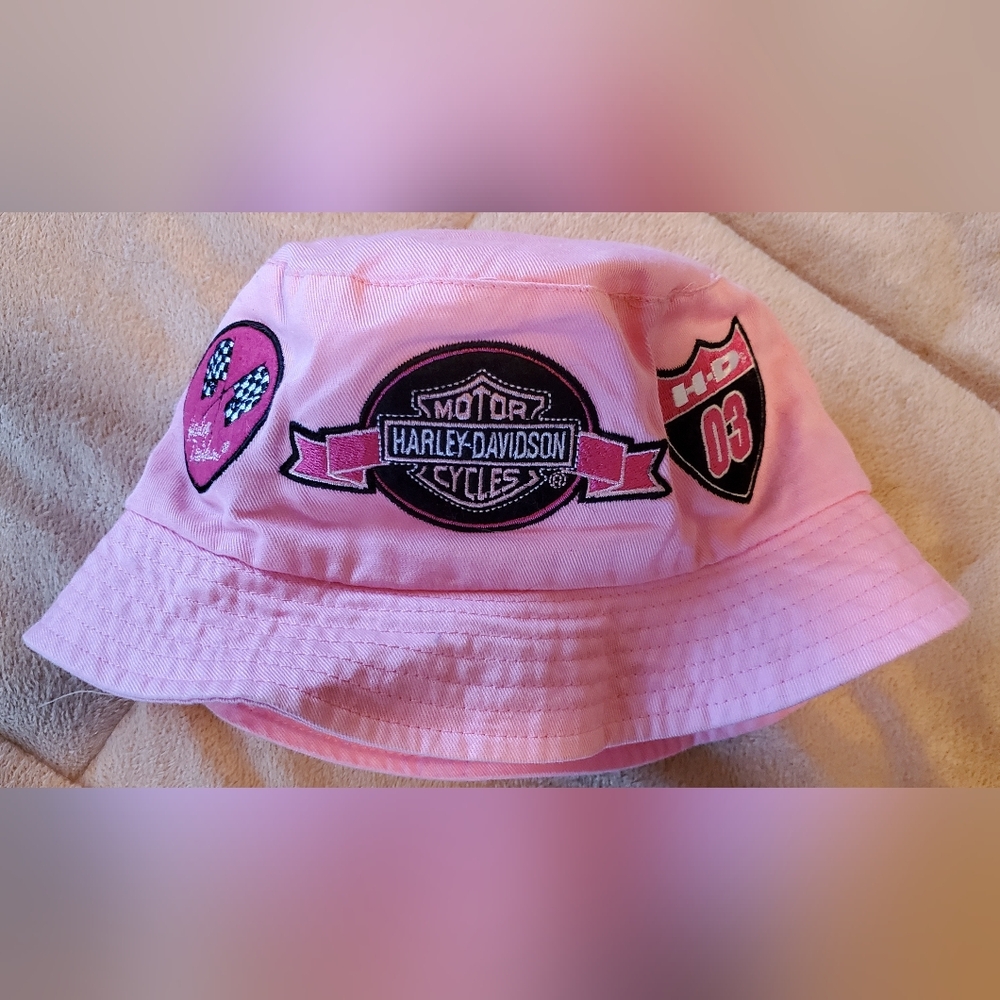 Vintage Harley-Davidson Girls Pink Embroidered Patch Bucket Hat